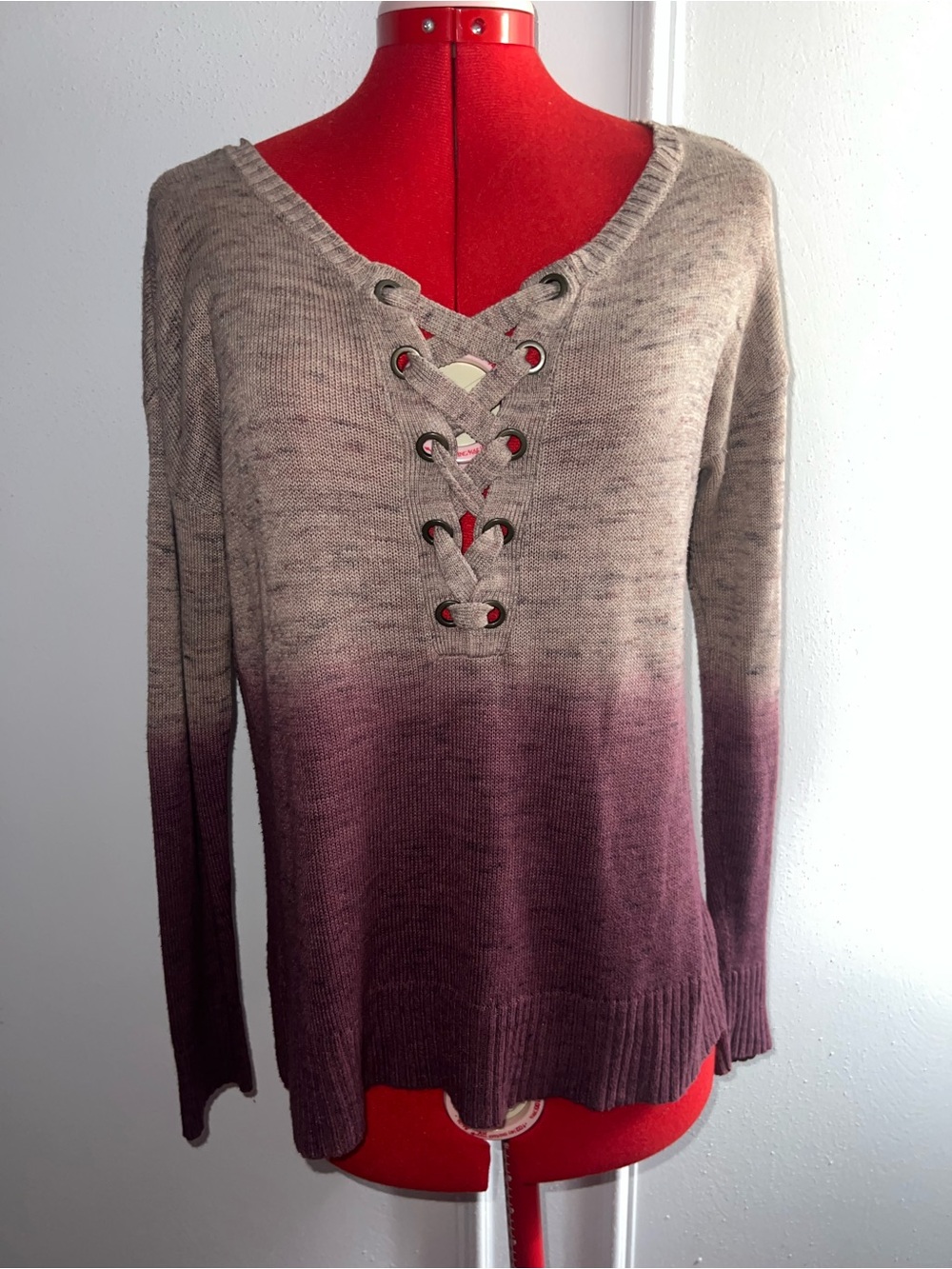 American Eagle Lace-Up Ombre V-Neck Sweater - Taupe to Plum small